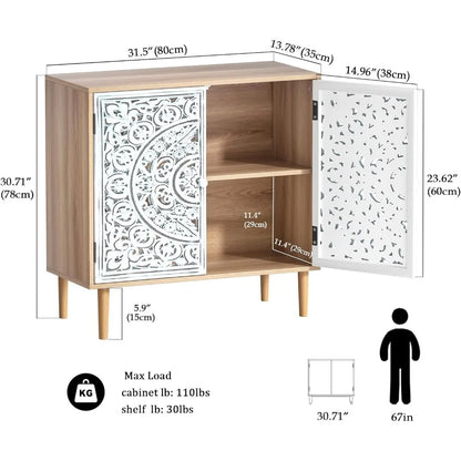 Accent Cabinet with 2 Doors, Carved Decorative Sideboard with Adjustable Shelf, Free-Standing Wood  Cabinet for