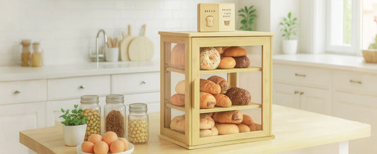 Bread Box,Pastry Display Case for  Kitchen Counter, Wooden Large Capacity Bread and fruit Storage Bin