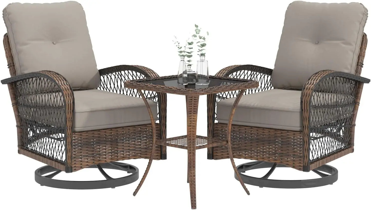 3 Pieces Patio Furniture Set, Outdoor Swivel Rocker Patio Chairs, Wicker Patio Bistro Set with Rocking Chair, Thickened Cushions