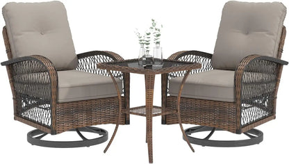 3 Pieces Patio Furniture Set, Outdoor Swivel Rocker Patio Chairs, Wicker Patio Bistro Set with Rocking Chair, Thickened Cushions