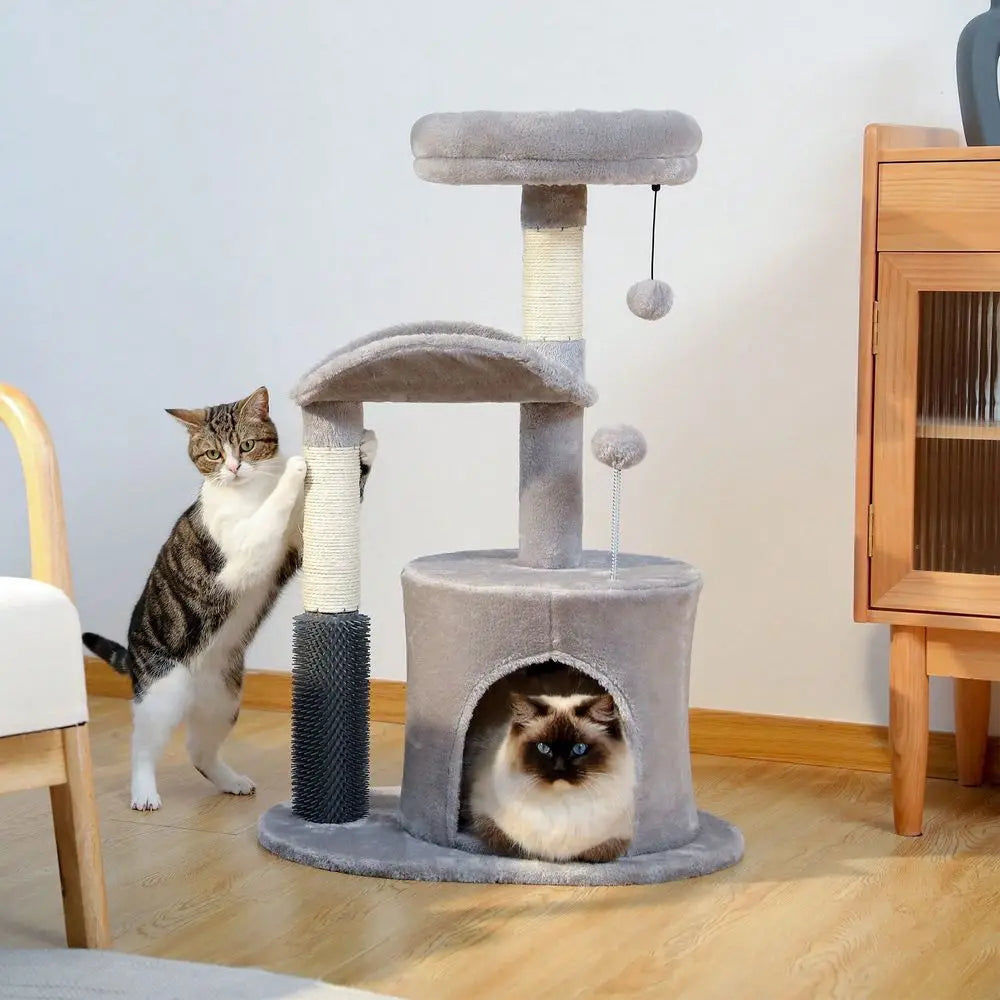 Cat Tree Tower For Indoor With Self Groomer Brush, Sisal ching Post, Dangling Ball For Small, Medium Cats, Gray