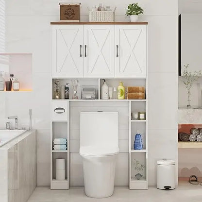 Over The Toilet Storage Cabinet, Farmhouse Toilet Cabinet Rack with 3 Barn Doors, Space Saving Bathroom Organizer with Shelves,
