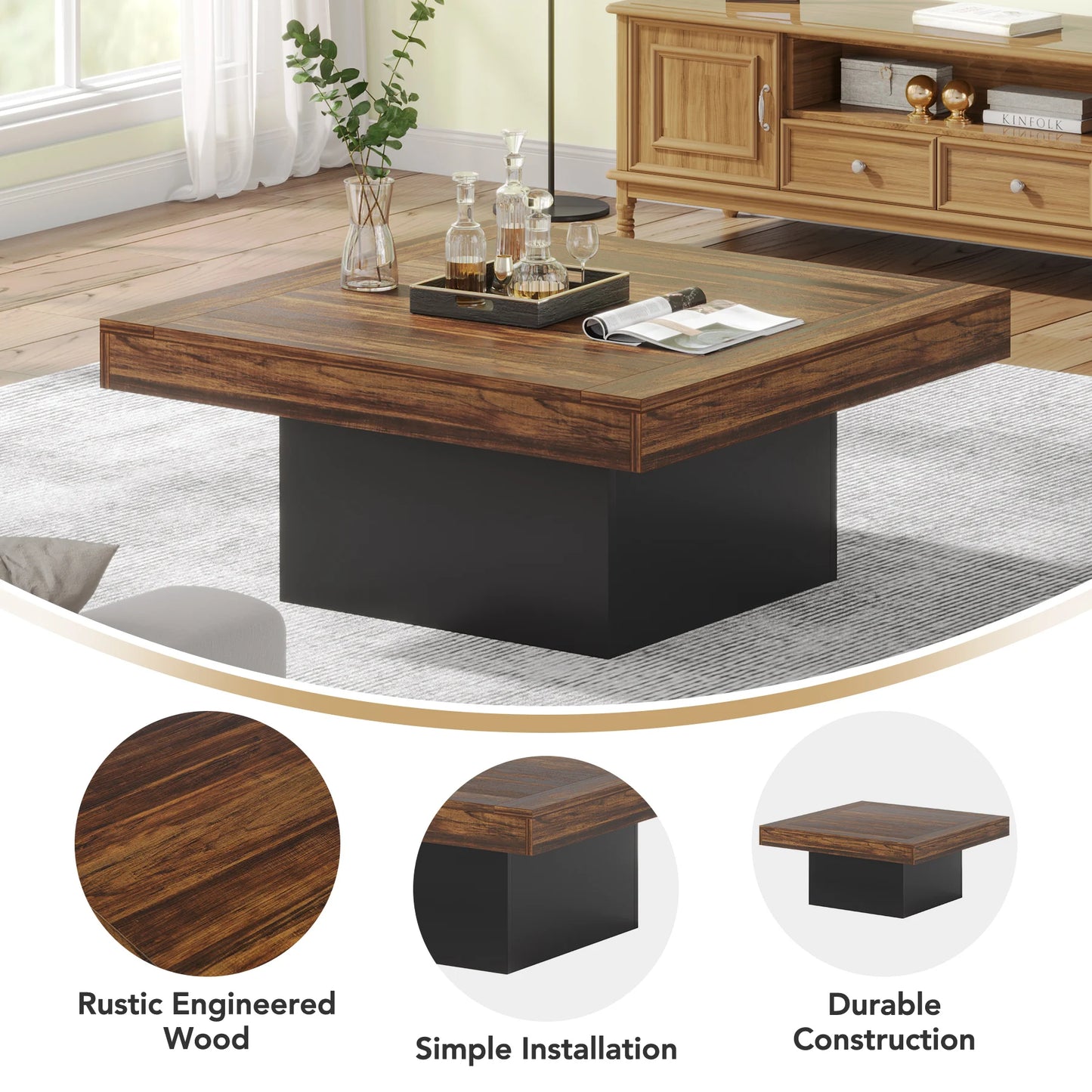 Coffee Table Square LED Coffee Table Engineered Wood Low Coffee Table for Living Room Rustic Brown & Black
