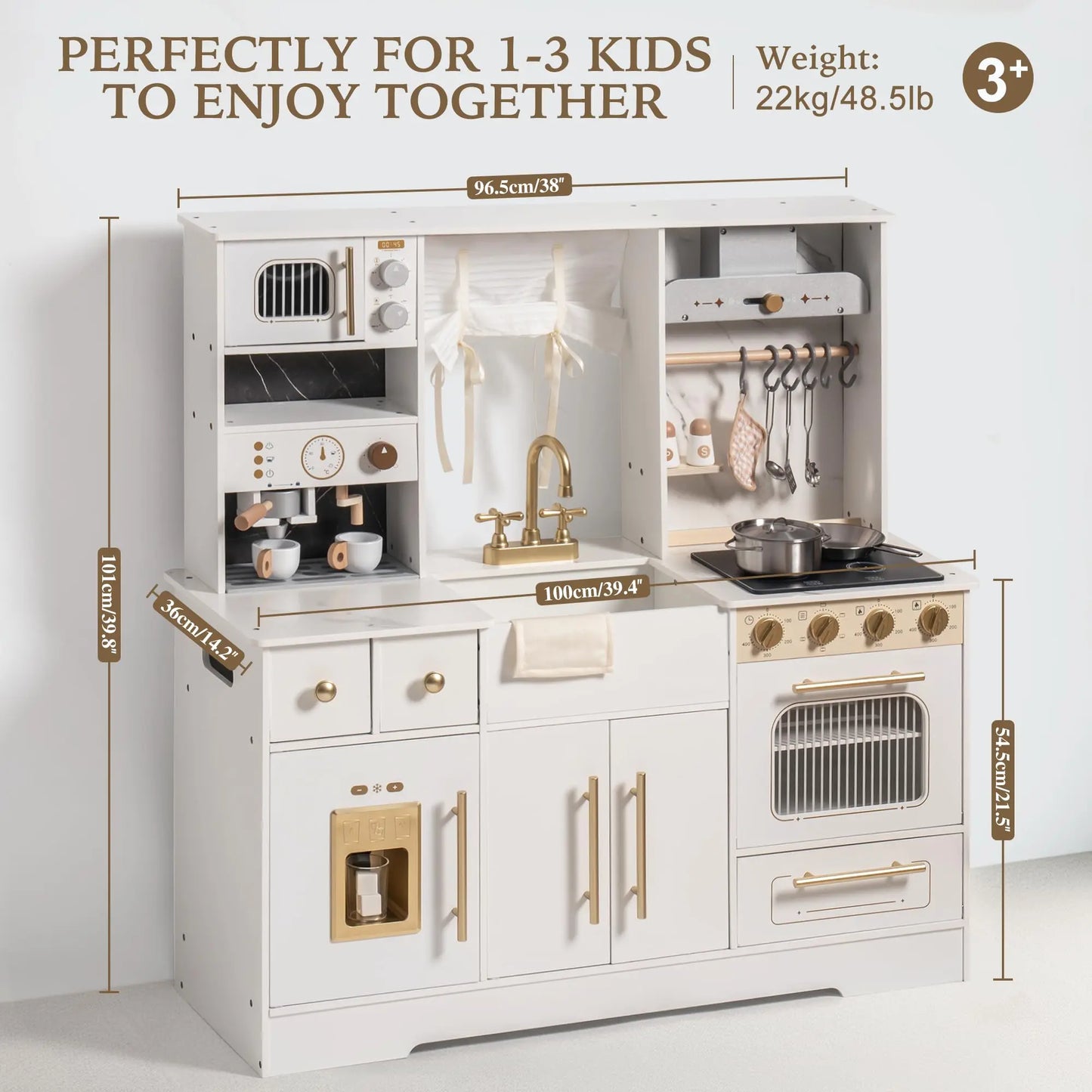 Wooden Play Kitchen Toy Kitchen Set with Ice Maker and Coffee Machine Realistic Kitchen Set Gift for Toddlers