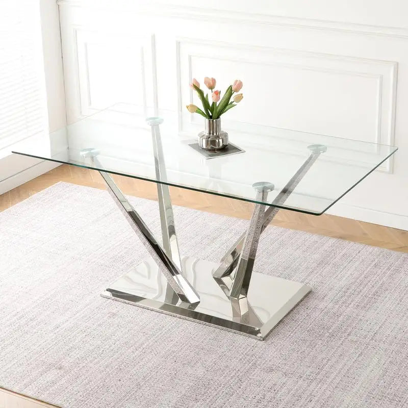 Elegant Glass Dining Table Set with Stainless Steel Base & 6 White Chairs - Modern Transparent Design for Dining Room