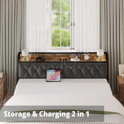 Twin/TwinXL/Full/Queen/King/ Bed Frames, Storage Headboard with Outlets, No Noise, No Box Springs Needed