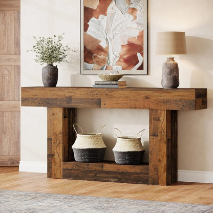 63" Console Table, Farmhouse 2-Tier Entryway Table with U-Shaped Base, Narrow Long Wood Sofa Table Behind Couch Table