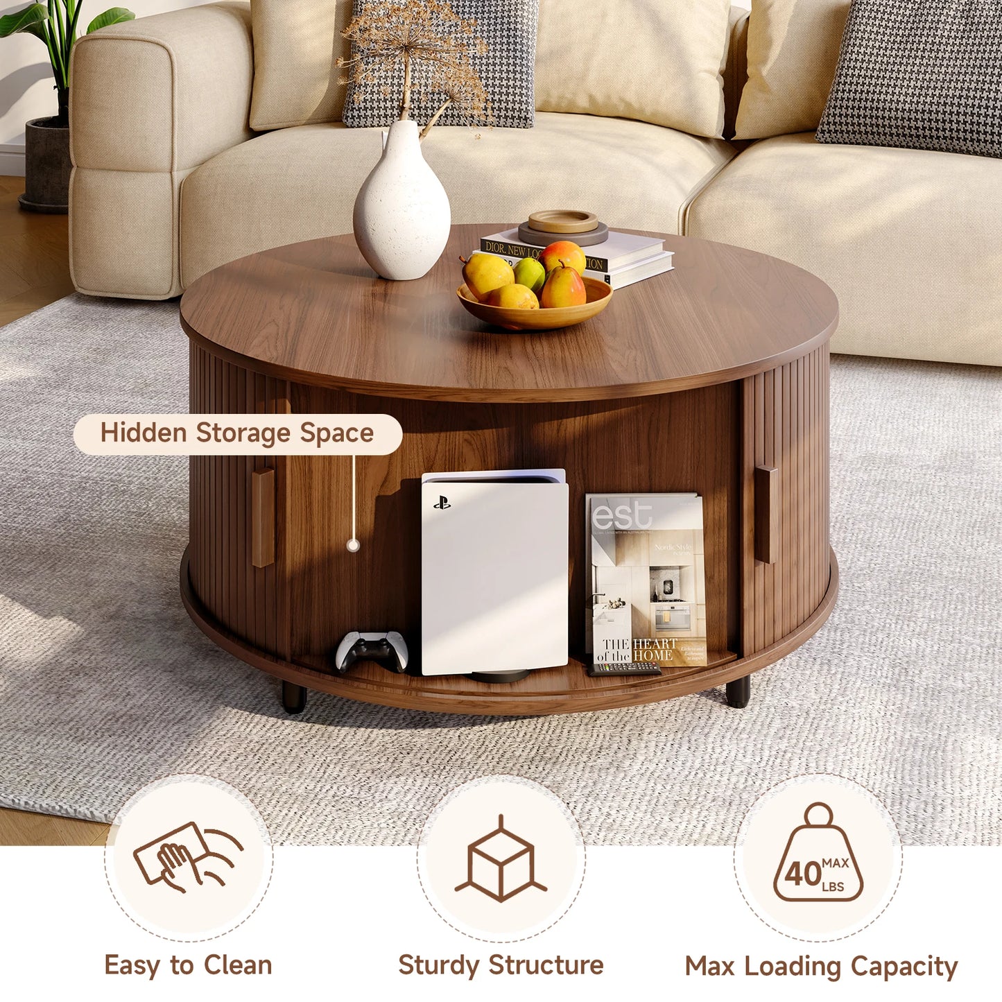 31.5" Modern Round Coffee Table with Storage with 360° Curved Sliding Door ,Fluted Wood Accent