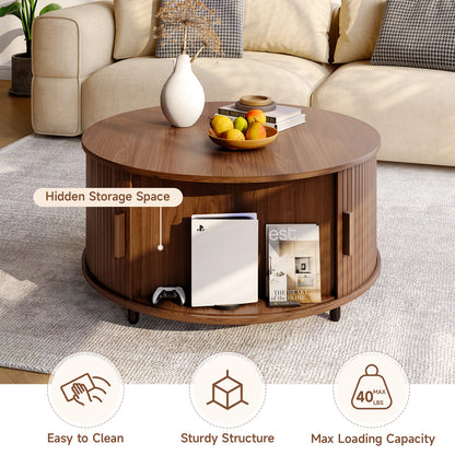 31.5" Modern Round Coffee Table with Storage with 360° Curved Sliding Door ,Fluted Wood Accent