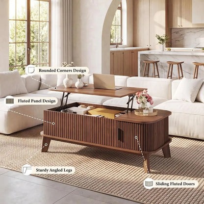 37.4 Modern Coffee Table with Storage, Sliding Door Walnut Living Room Furniture