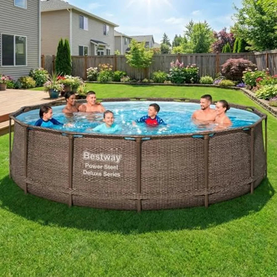 Backyard outdoor swimming pool set: Power Steel round above-ground pool, 14 x 42, steel frame, blue, includes 1, 000 GPH filter