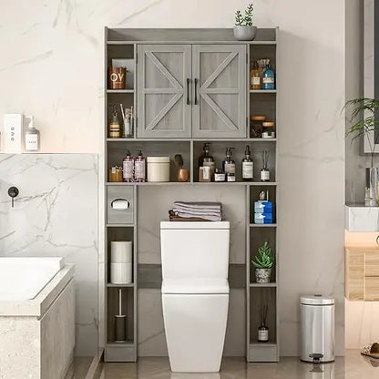 Over The Toilet Storage Cabinet, Farmhouse Toilet Cabinet Rack with 3 Barn Doors, Space Saving Bathroom Organizer with Shelves,