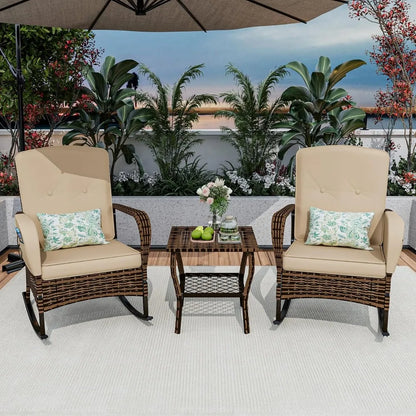 3-Piece Patio Furniture Set, 2wickerOutdoor Rocking Chairs with Rattan Coffee Table
