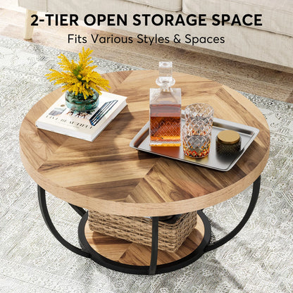Tribesigns 31.7" Round Coffee Table, Industrial 2-Tier Circle Coffee Table with Storage Shelves, Modern