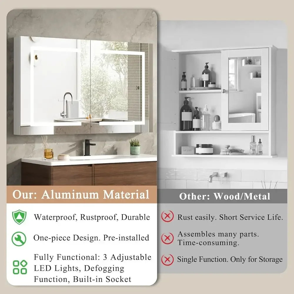 LED Medicine Cabinet with Mirror or Bathroom, Assembly-ree Lighted Medicine Cabinet, og, SteplDimming, 3 Col, 2 Outlets, 2USB, W