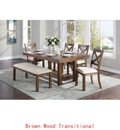 6-Pc Brown Finish Dining Set: Rectangular Table, Bench & Beige Upholstered Side Chairs for Transitional  Dining Room
