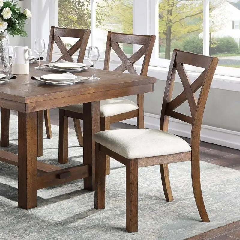 6-Pc Brown Finish Dining Set: Rectangular Table, Bench & Beige Upholstered Side Chairs for Transitional  Dining Room