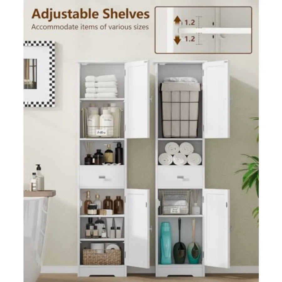 Tall Bathroom Storage Cabinet with 2 Doors 67" H Narrow Floor Cabinet with Adjustable Shelves and Drawer Anti-Tip Design 11.8 x