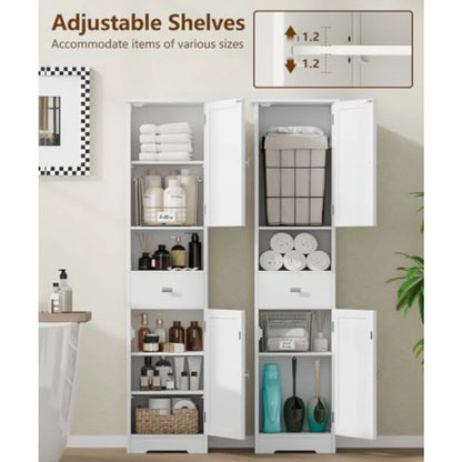 Tall Bathroom Storage Cabinet with 2 Doors 67" H Narrow Floor Cabinet with Adjustable Shelves and Drawer Anti-Tip Design 11.8 x