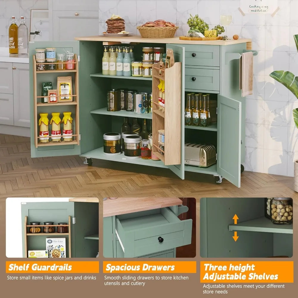 Sage Green Kitchen Island with Storage and Drop-Leaf Countertop on Wheels