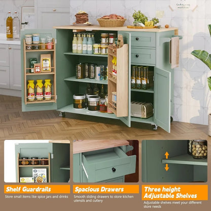 Sage Green Kitchen Island with Storage and Drop-Leaf Countertop on Wheels