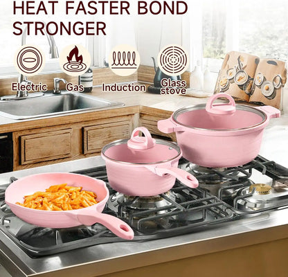 Pink Pots and Pans Set Nonstick 23pcs, Healthy Kitchen Cookware Sets, Induction Cooking Set Pink Frying Pans, Saucepans, Sauté &