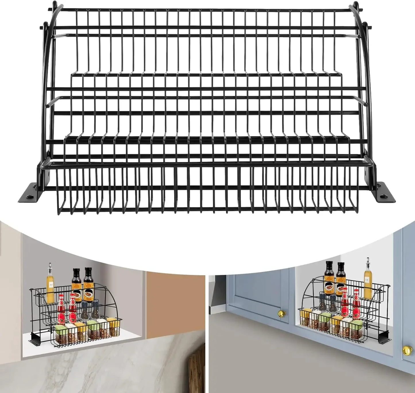3Tier Adjustable Pull Down Spice Rack,Large Capacity Kitchen Storage Shelf Organizer Heightened Guardrail&Enlarged Mounting