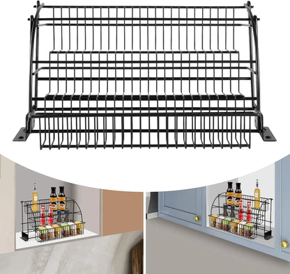 3Tier Adjustable Pull Down Spice Rack,Large Capacity Kitchen Storage Shelf Organizer Heightened Guardrail&Enlarged Mounting