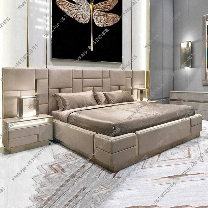 Luxury Modern King Size Bed With Soft Upholstered Headboard And Storage Nightstands - Genuine Leather Bedroom Furnitur