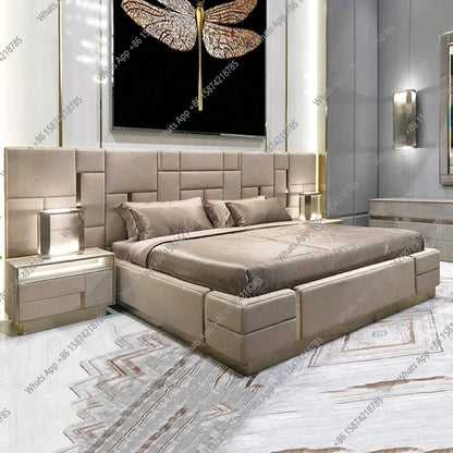 Luxury Modern King Size Bed With Soft Upholstered Headboard And Storage Nightstands - Genuine Leather Bedroom Furnitur
