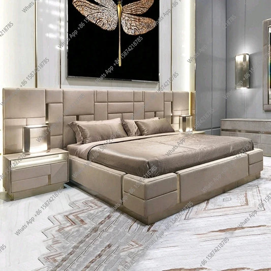 Luxury Modern King Size Bed With Soft Upholstered Headboard And Storage Nightstands - Genuine Leather Bedroom Furnitur