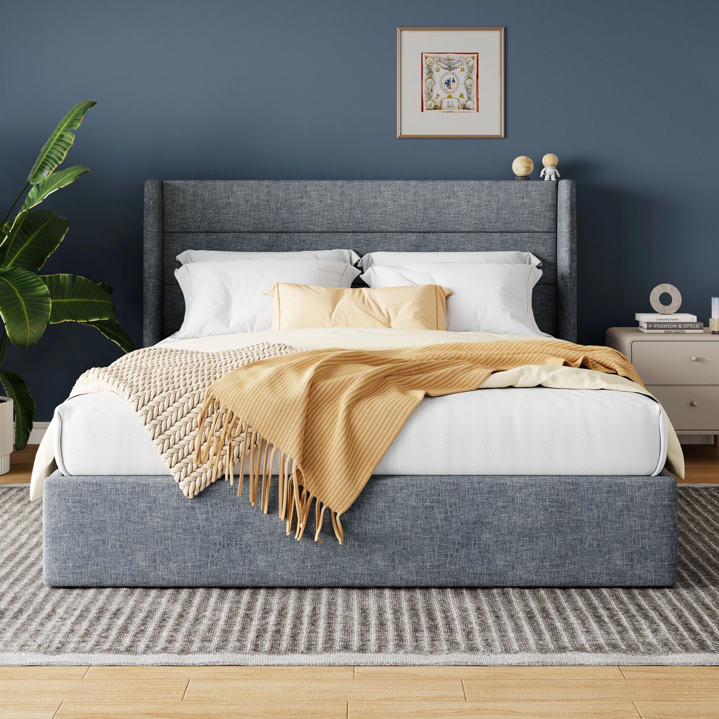 Lift Up Storage Bed with Wingback Headboard/Heavy-Duty Hydraulic Bed/Large Underneath Storage Allewie