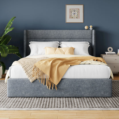 Lift Up Storage Bed with Wingback Headboard/Heavy-Duty Hydraulic Bed/Large Underneath Storage Allewie