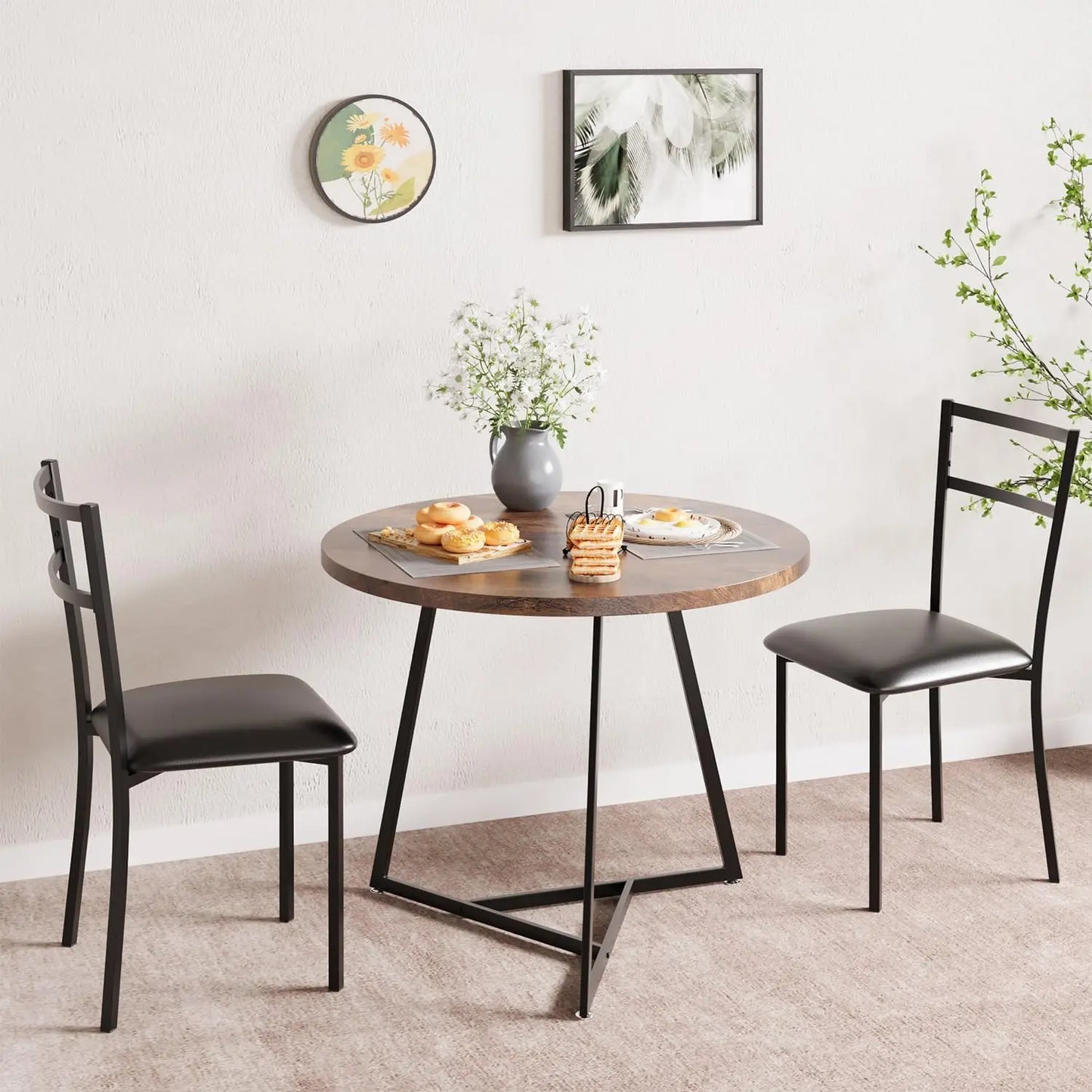 Dining Table Set for 2, Kitchen Table and Chairs for 2 with Upholstered Chairs, 3 Piece Dining Room Table Set, Round Kitchen
