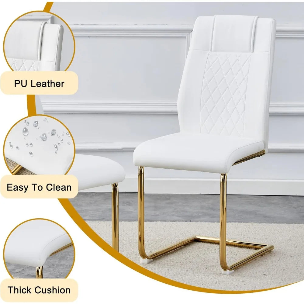 Glass Dining Table Set for 6, Modern Kitchen Table Set for 6, 71" Tempered Glass Tabletop with U-Shaped Gold Base, 7 Ppiece