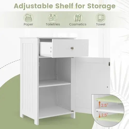 Small Bathroom Cabinet for Small Spaces, Free-Standing Single Door Storage with Adjustable Shelf, Anti-Tipping Device