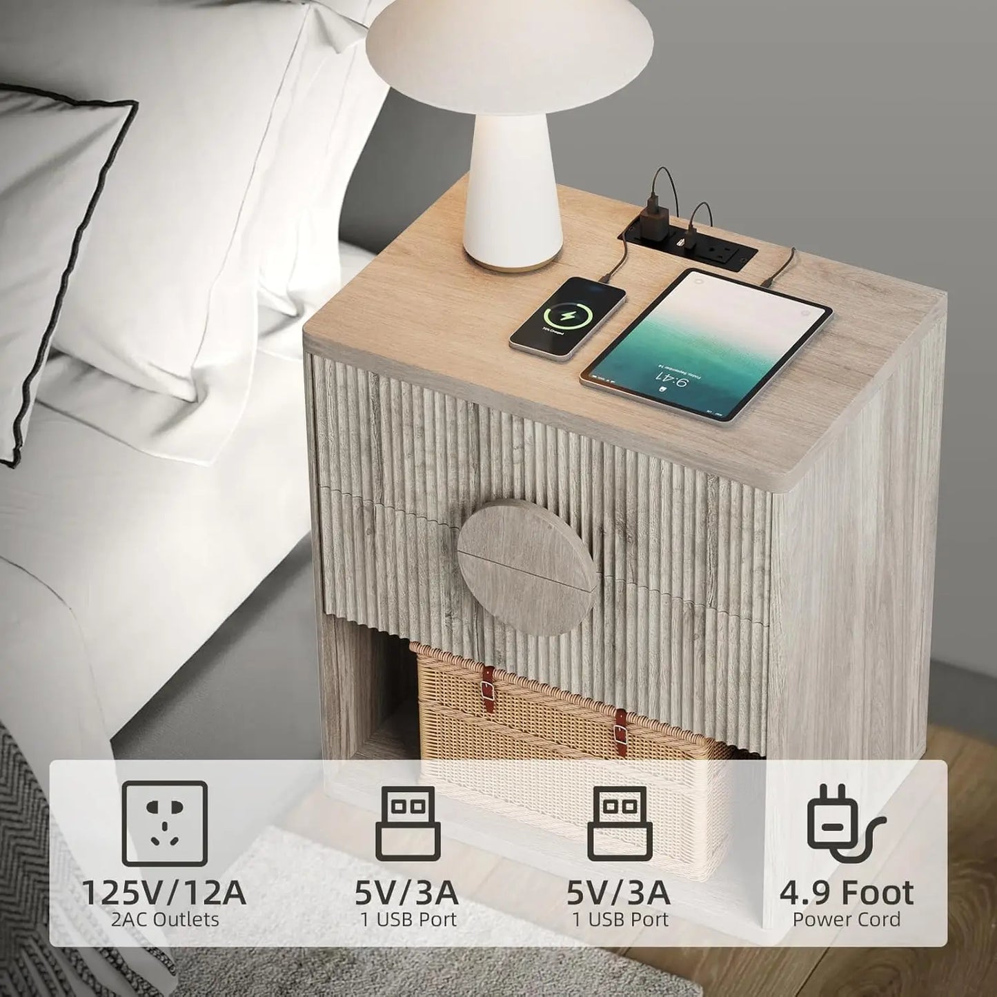 1PC Large Fluted Nightstand with Drawers 22.7" Wide Modern Bedside Table for Bedroom Living Room Office Farmhouse Tables