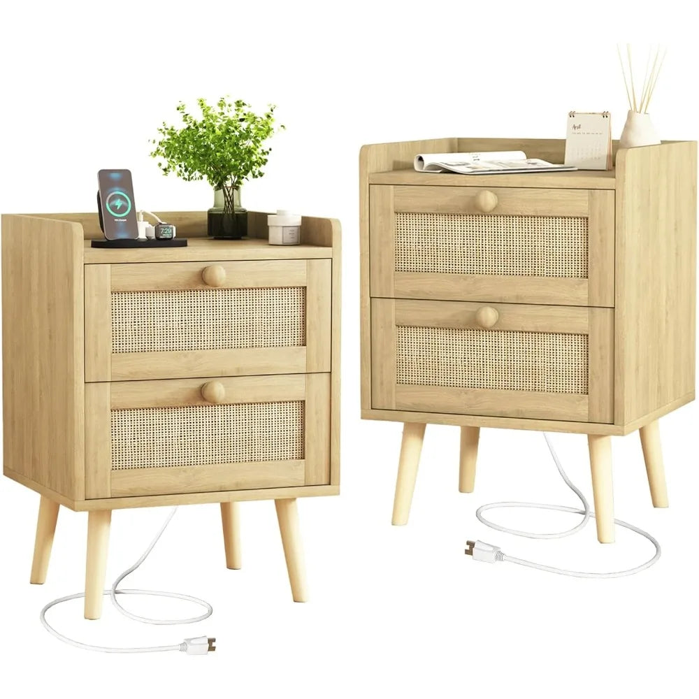 Rattan Nightstand with Charging Station Set of 2