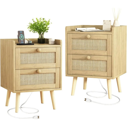 Rattan Nightstand with Charging Station Set of 2