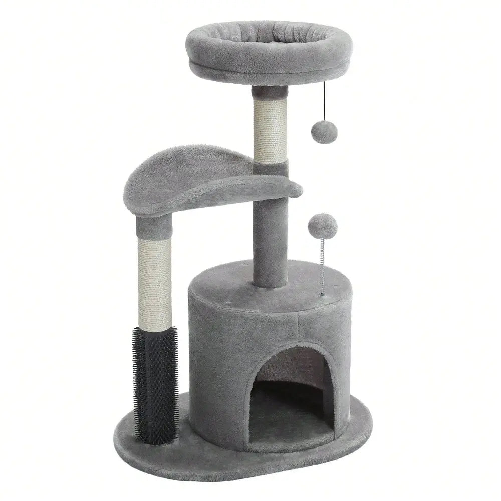 Cat Tree Tower For Indoor With Self Groomer Brush, Sisal ching Post, Dangling Ball For Small, Medium Cats, Gray
