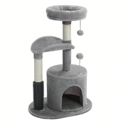 Cat Tree Tower For Indoor With Self Groomer Brush, Sisal ching Post, Dangling Ball For Small, Medium Cats, Gray