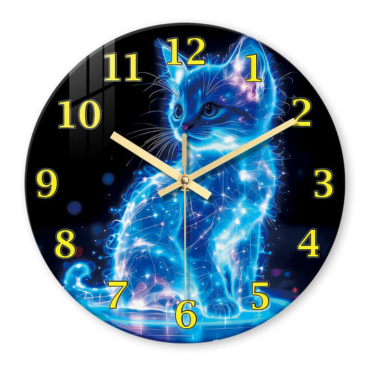 A Unique Neon Cat Tempered Glass Wall Clock, 12-24inch Round Cat-Themed Decorative Silent Clocks Powered by Batteries, Stunning Blue Galaxy Kitten Pattern, Perfect for Home and Kitchen Decoration, Also Suitable as a Valentine