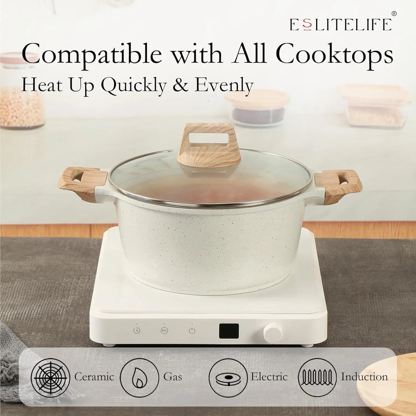 7 Quart Nonstick Stock Pot with Lid, Granite Casserole Large Soup Pasta Cooking Pot, Induction Compatible & Easy Clean