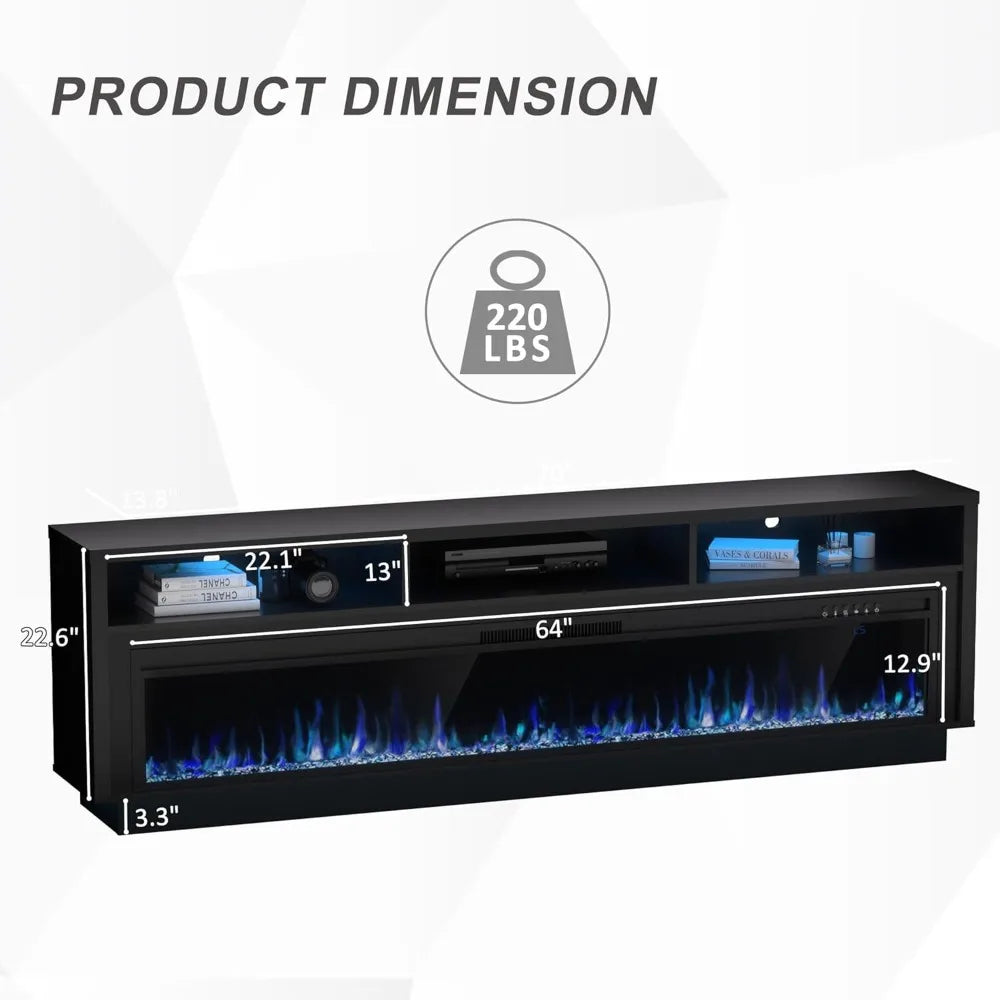 70" Fireplace TV Stand for TVs Up to 80" with 64" Electric Fireplace, TV Console for The Living Room, LED Light Entertainment C