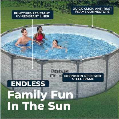 Steel Pro MAX 14 x 48 Above Ground Pool, Round Metal Frame Outdoor Swimming Pool Set with Filter Pump, Ladder, and Cover, Gray