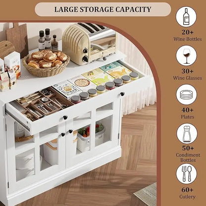 35.4" Oak Sideboard Buffet Cabinet with Glass Door & Drawer & Adjustable Shelf,Modern Storage Buffets & Sideboards for Kitchen