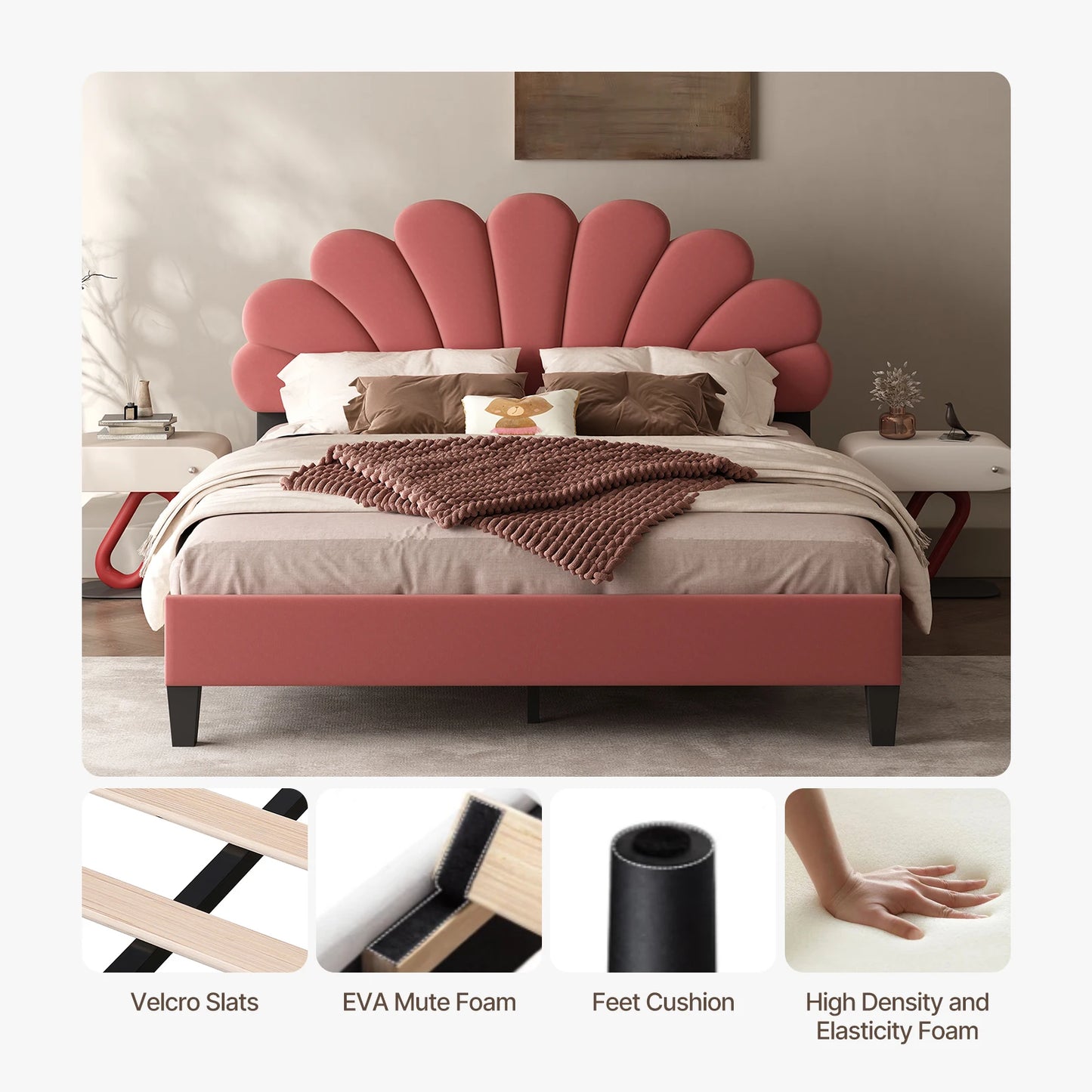 Bed Frame/Velvet Upholstered Platform Bed Frame with Flower Pattern Headboard/Strong Wood Slats Support/Mattress Foundation/No B
