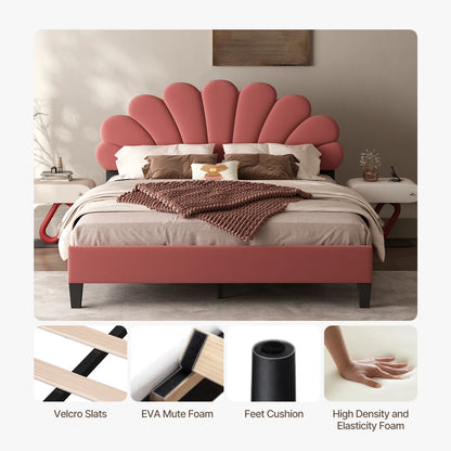 Bed Frame/Velvet Upholstered Platform Bed Frame with Flower Pattern Headboard/Strong Wood Slats Support/Mattress Foundation/No B