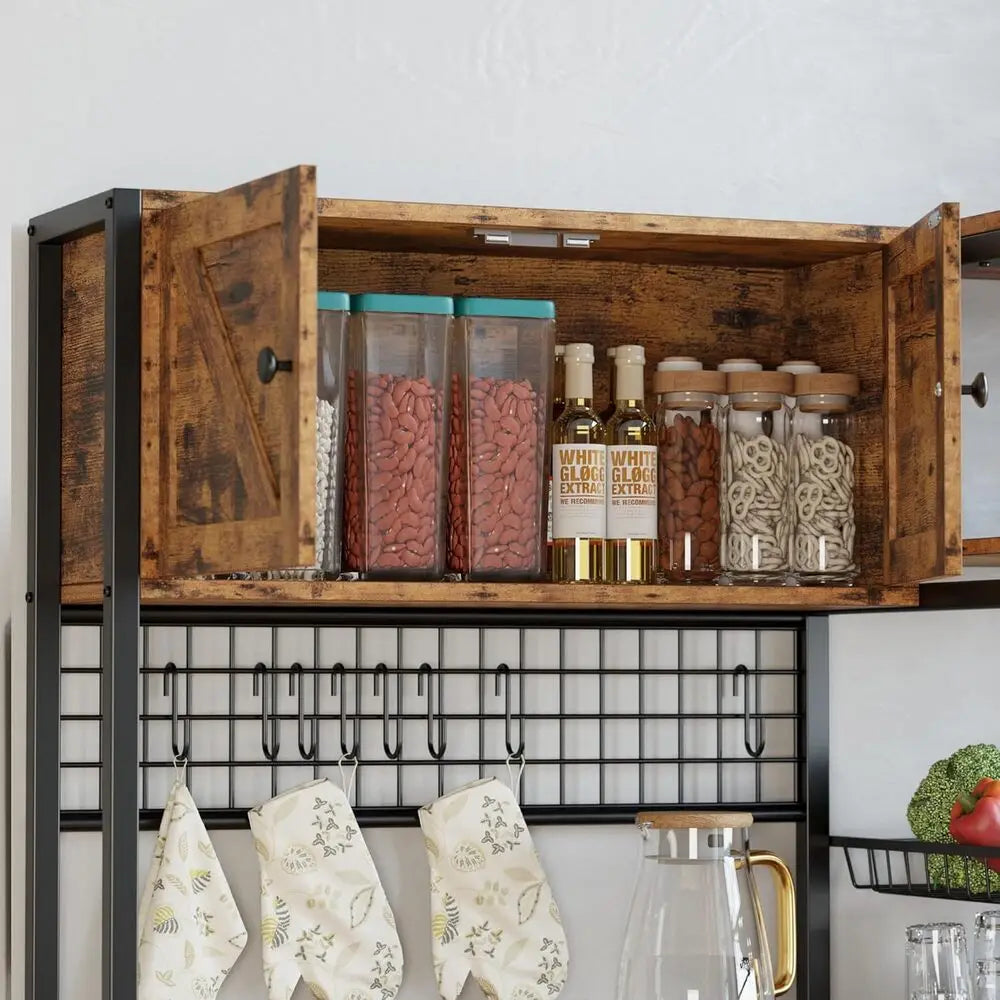 Bakers Rack with 2 Storage Cabinets and Power Outlet, 45.3 Inch Kitchen Microwave Stand with Storage, Coffee Bar Cabinet