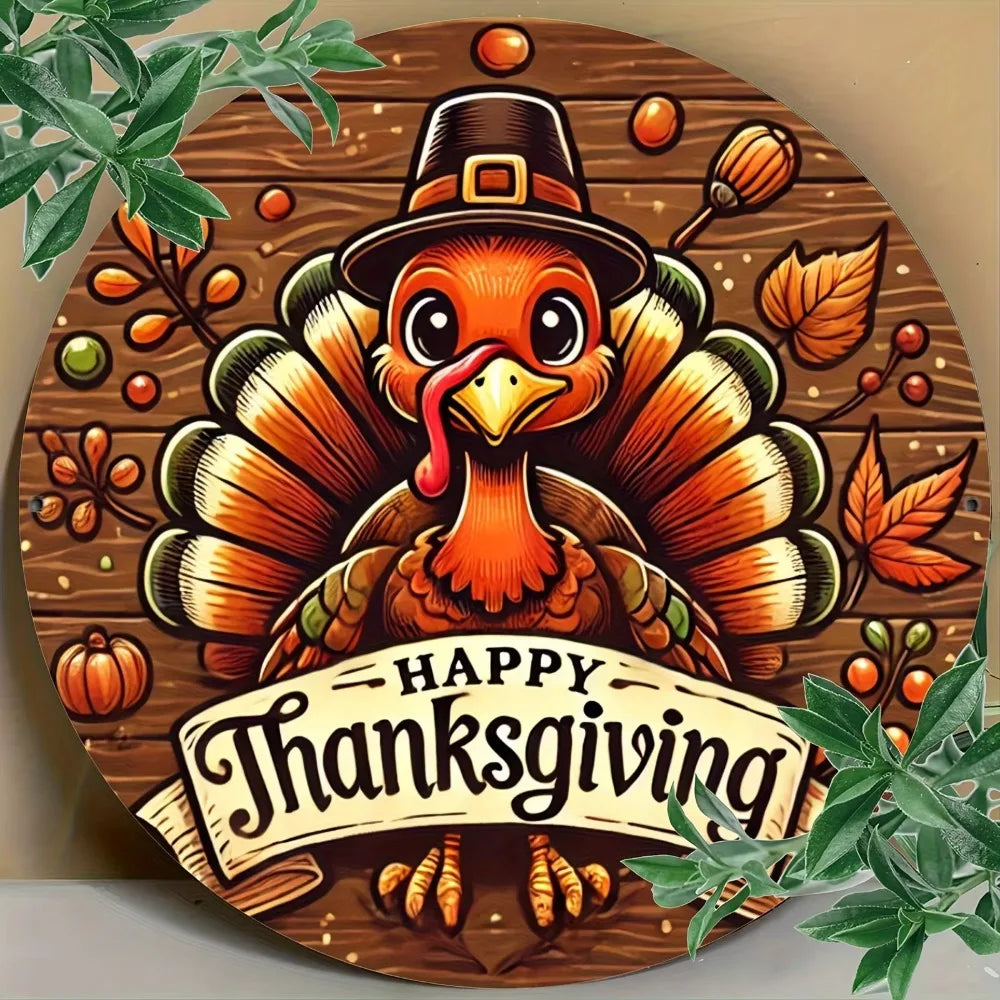 Happy Thanksgiving Aluminum Alloy Wall Art  with Whimsical Turkey, Autumn Leaves & Pumpkins Design - Home, Cafe, Bar Wall
